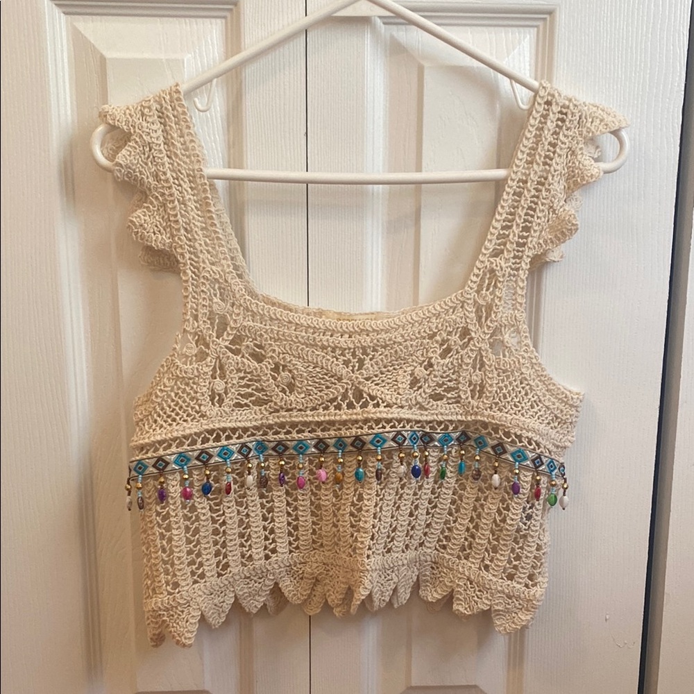 Rebellion Cream and Blue Embellished Crop Tank Top